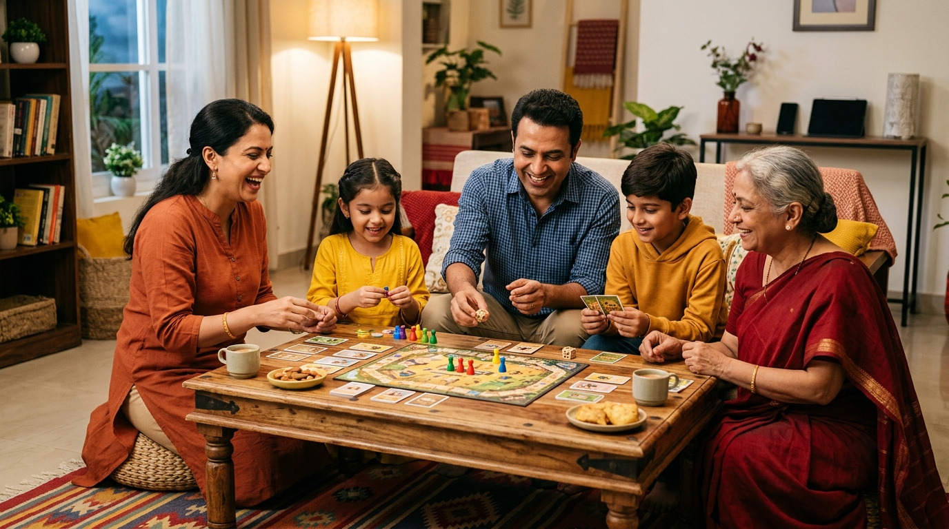family reducing screen time for children India style with an offline evening activity
